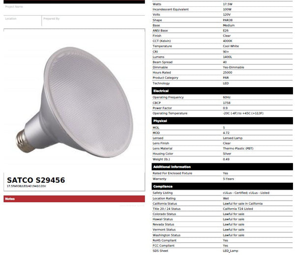 17.5PAR38/LED/40'/940/120V LED SATCO S29456